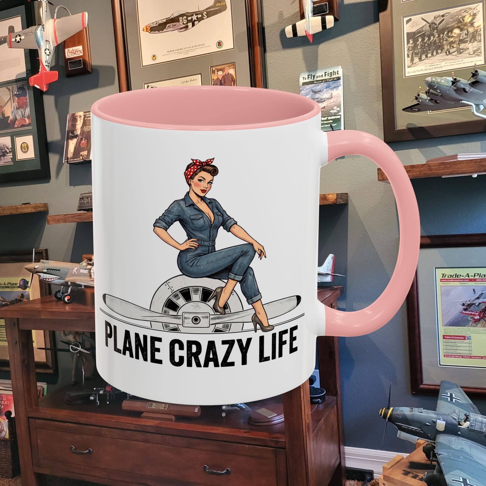 Plane Crazy Life Coffee Mug — Vintage Pinup Pilot Aviation Gift