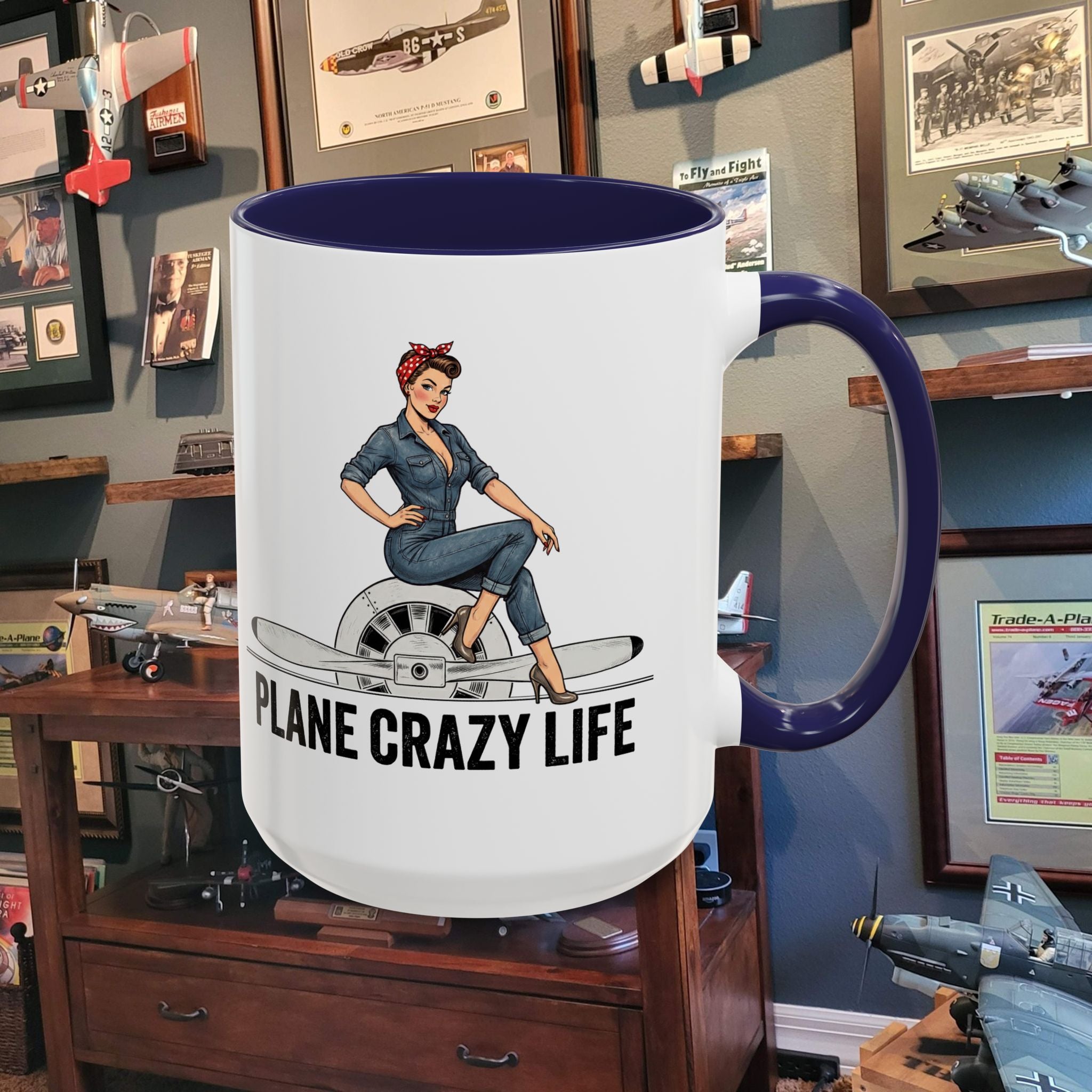 Plane Crazy Life Coffee Mug — Vintage Pinup Pilot Aviation Gift