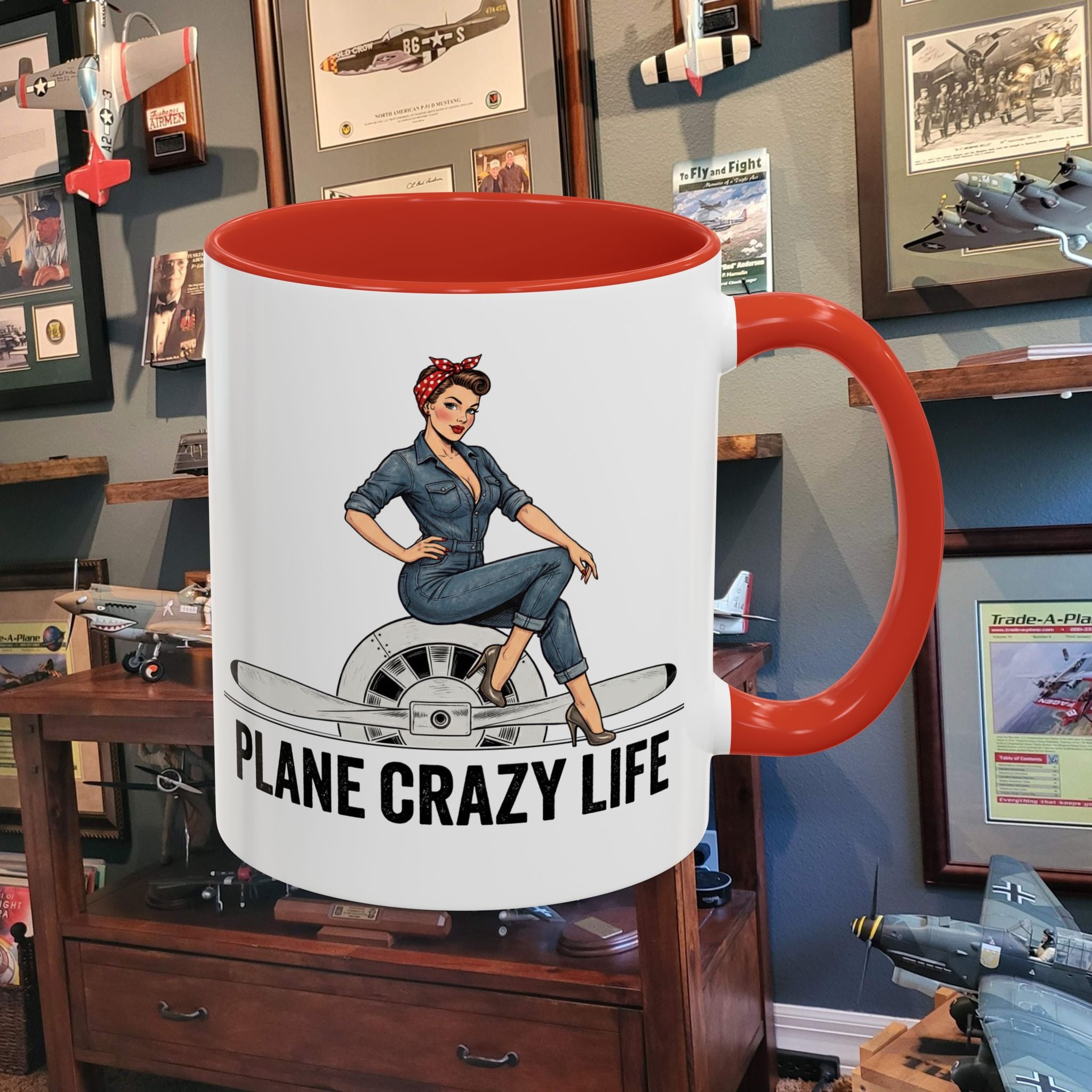 Plane Crazy Life Coffee Mug — Vintage Pinup Pilot Aviation Gift