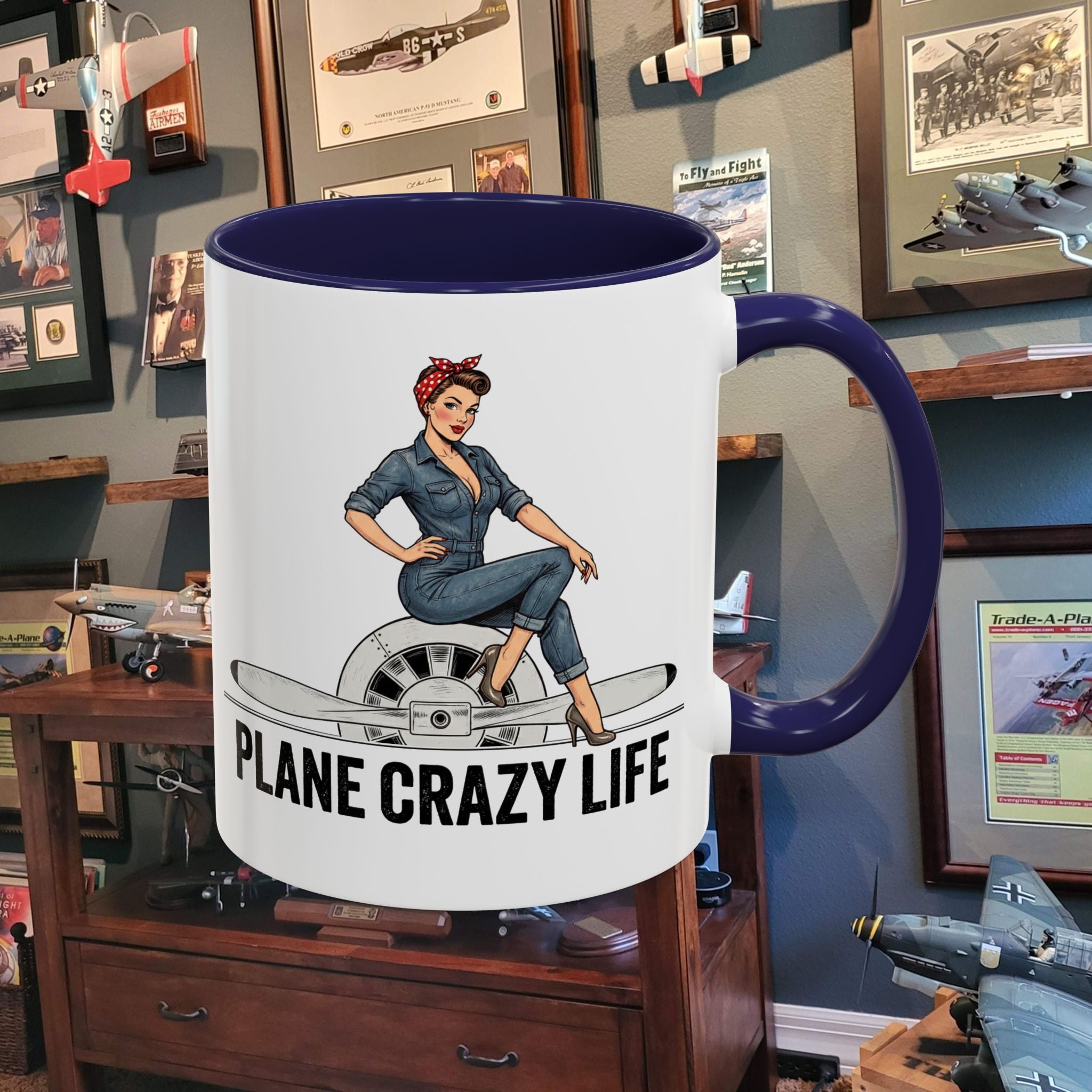 Plane Crazy Life Coffee Mug — Vintage Pinup Pilot Aviation Gift