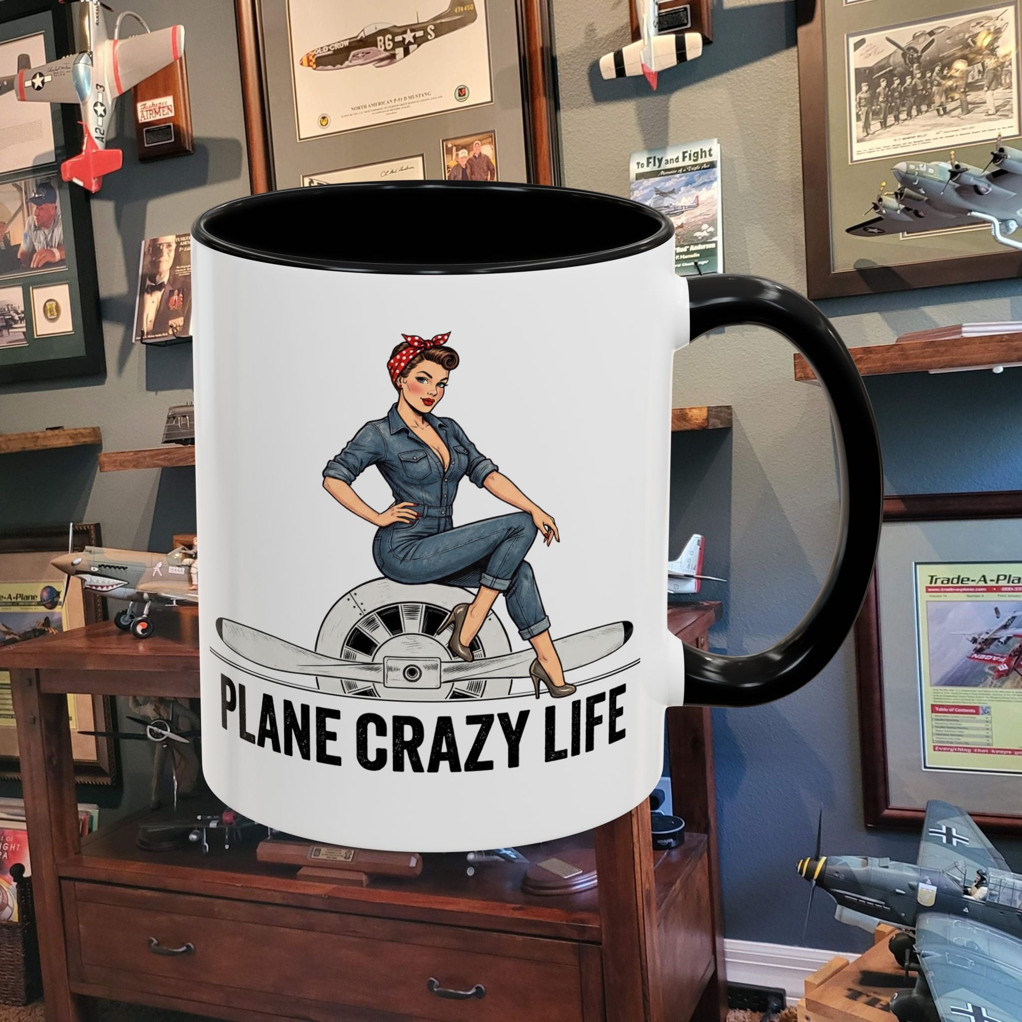 Plane Crazy Life Coffee Mug — Vintage Pinup Pilot Aviation Gift