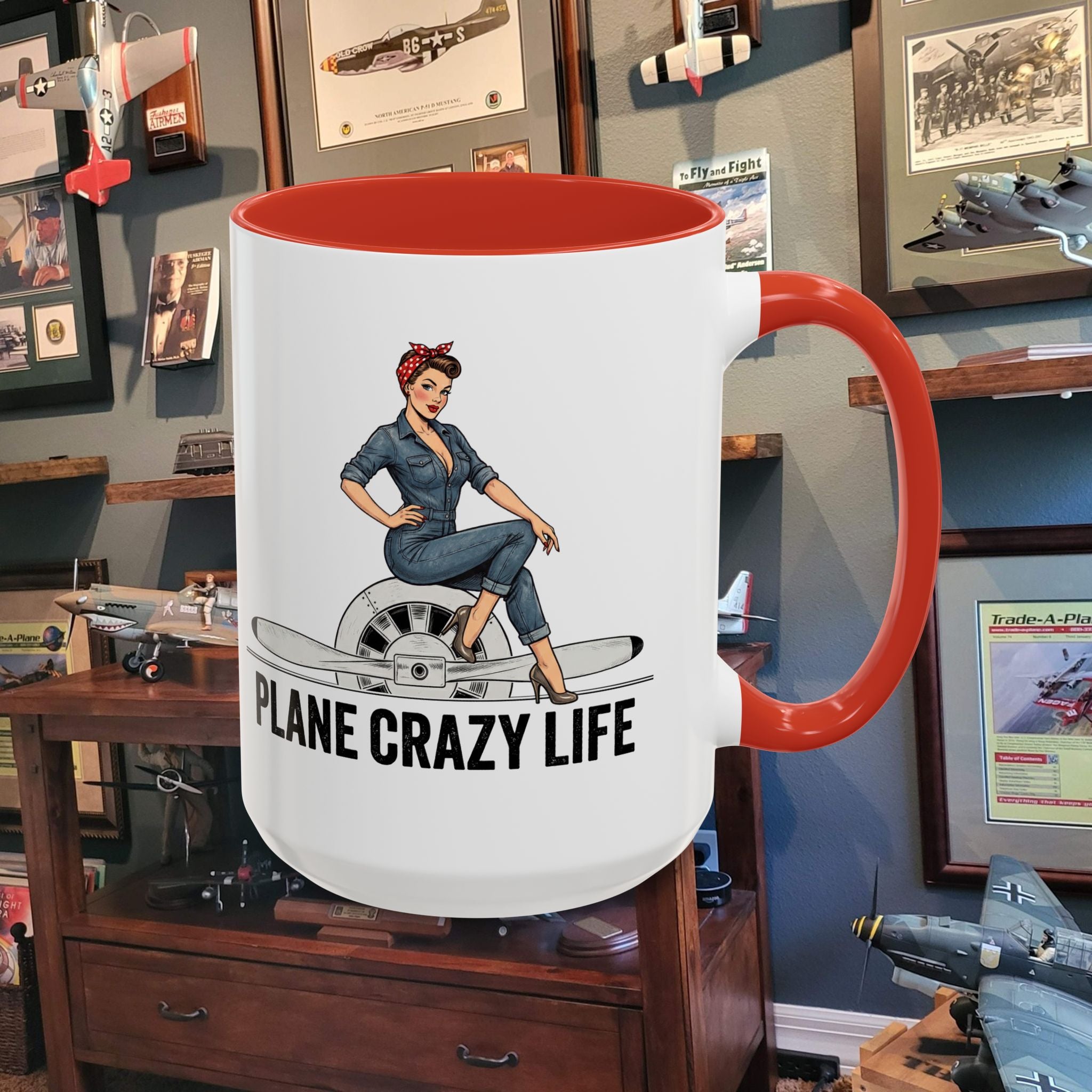 Plane Crazy Life Coffee Mug — Vintage Pinup Pilot Aviation Gift