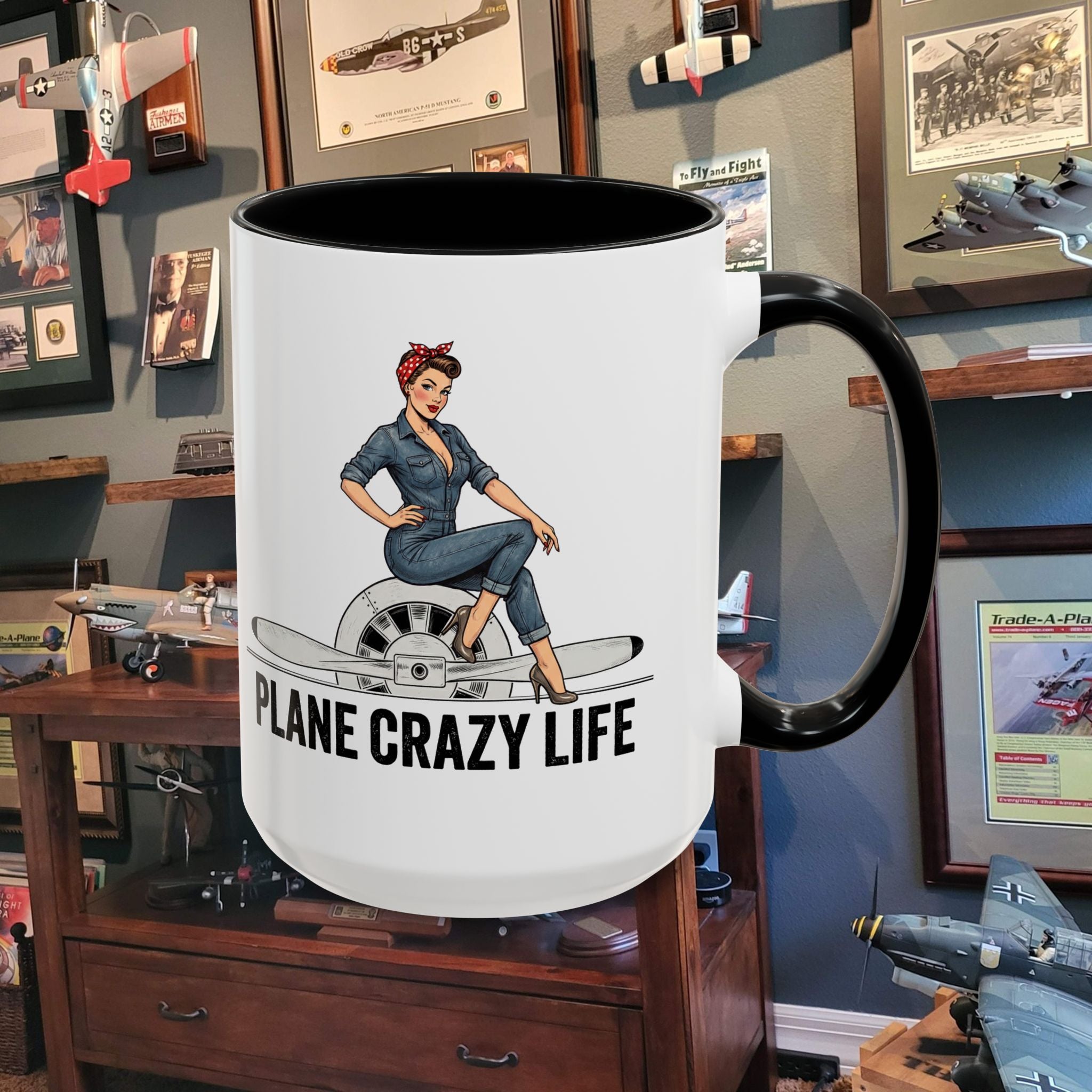 Plane Crazy Life Coffee Mug — Vintage Pinup Pilot Aviation Gift