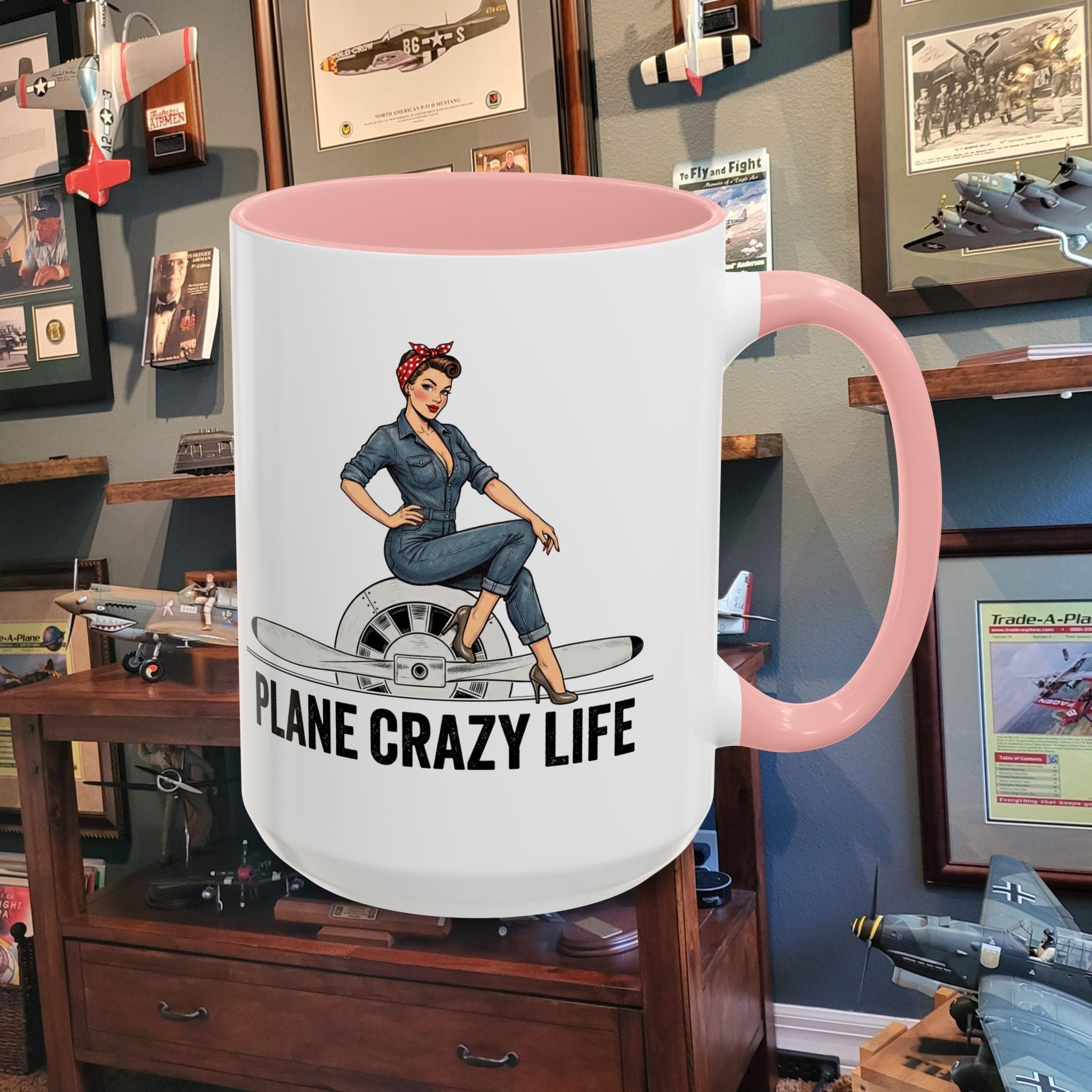 Plane Crazy Life Coffee Mug — Vintage Pinup Pilot Aviation Gift